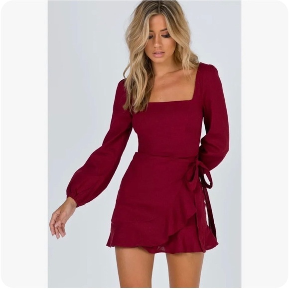Princess Polly The Villa Linen Blend Square Neck Mini Wrap Dress Burgundy 6 NEW - Picture 1 of 11